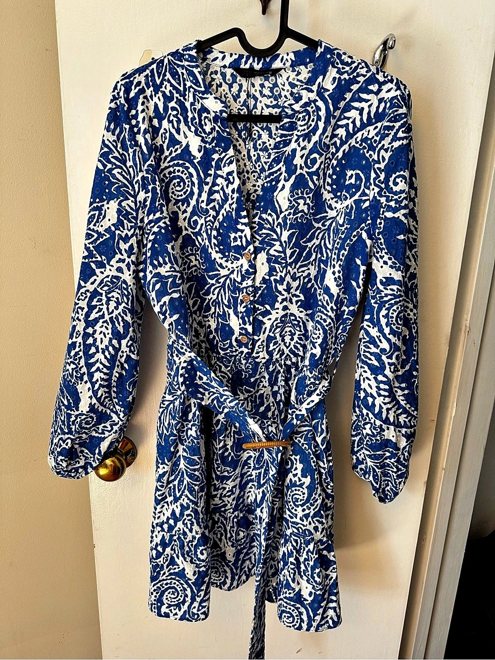 Zara Blue Paisley Eyelet Button-Front Long-Sleeve Dress